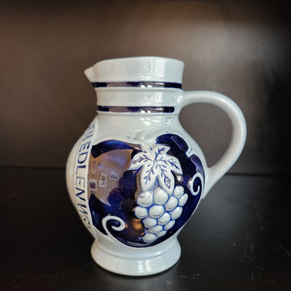 Blue and White Ceramic Art Pitcher with Grape Motif